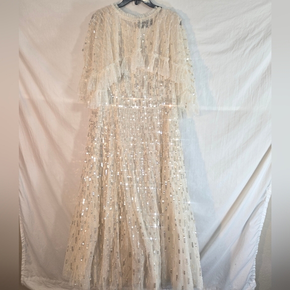 NEEDLE AND THREAD Women's 16 Beige Sequin Dash Cape Ankle Gown Tulle Dress New. - Picture 5 of 11